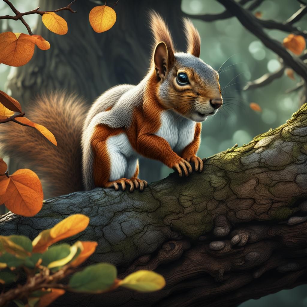 Squirrel on Branch: Detailed Matte Painting