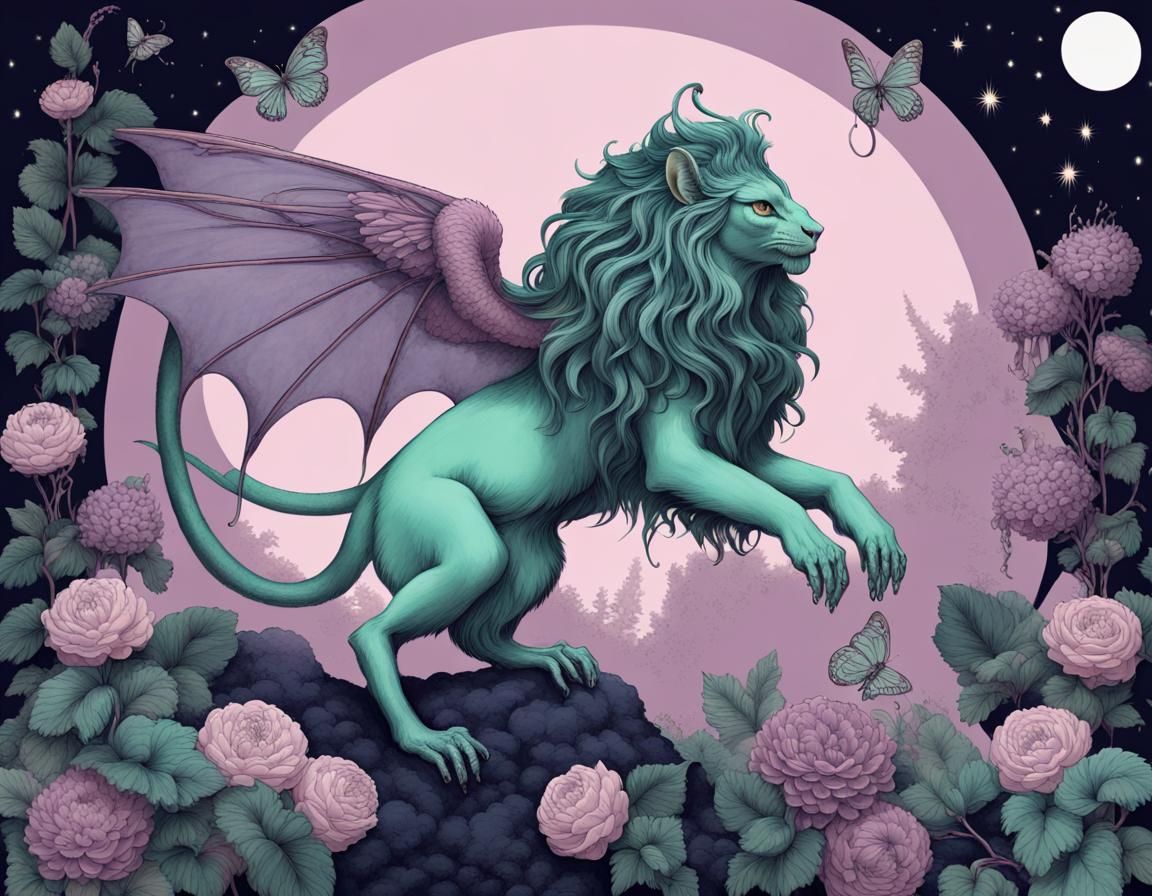 Mystical Manticore and Maiden in Moonlight