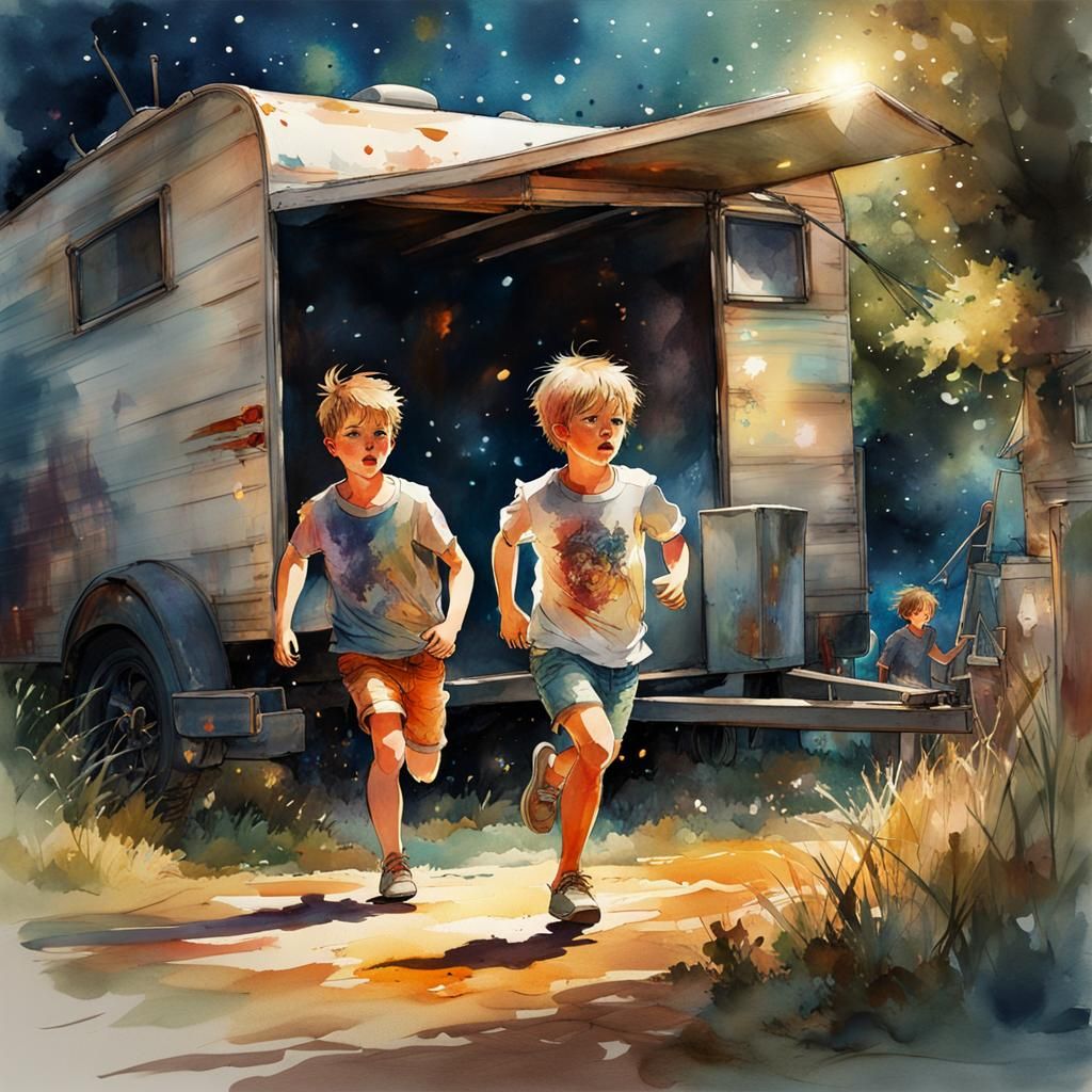 Boys Running in Yard: Digital Watercolor Art