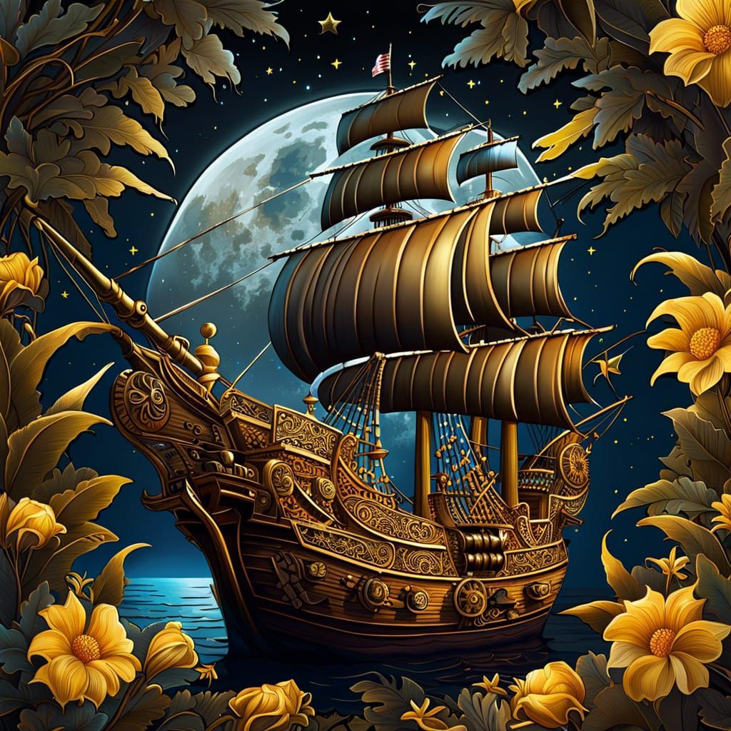 Caribbean Pirate Ship at Night with Golden Flowers