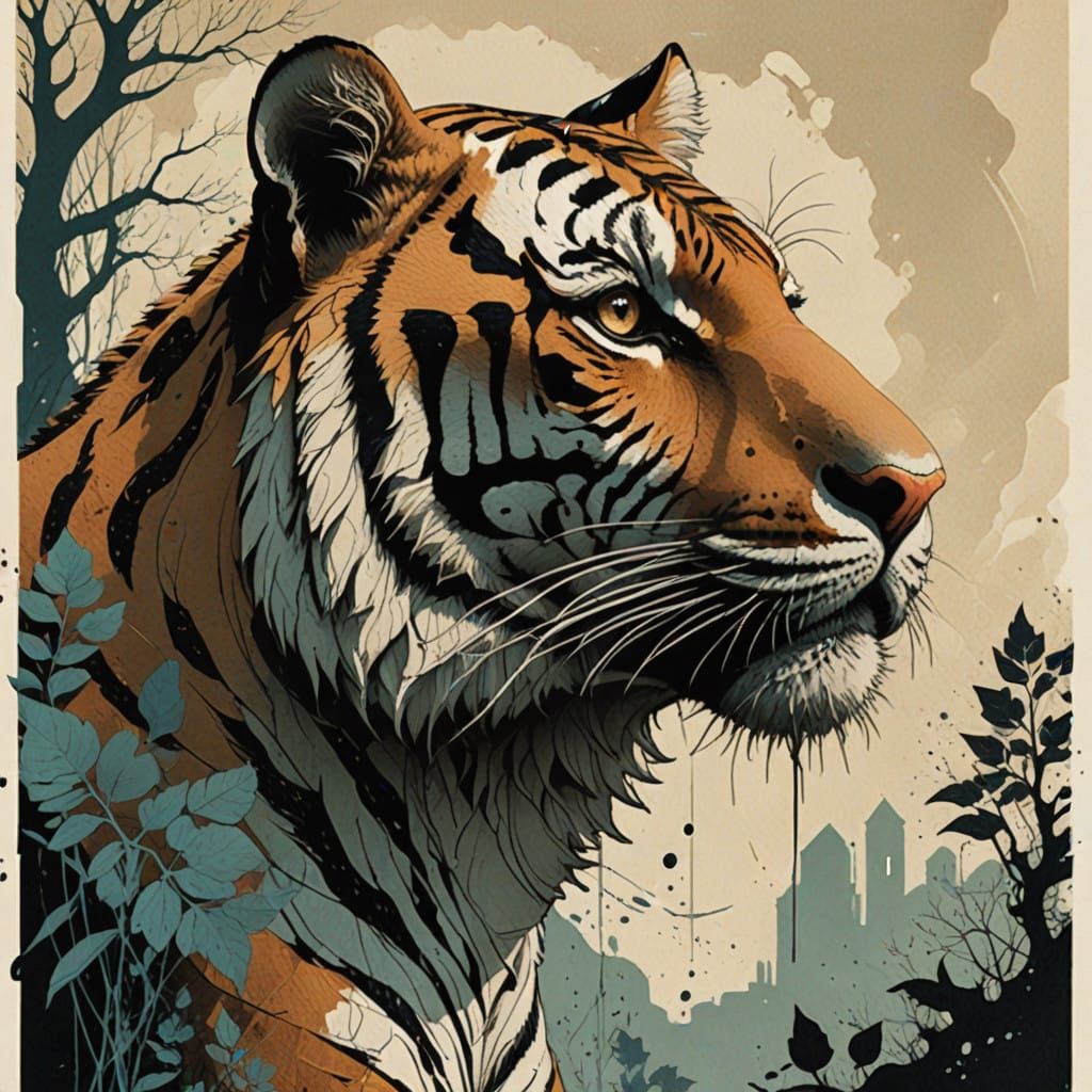 tiger profile + halftone pattern + editorial illustration of...