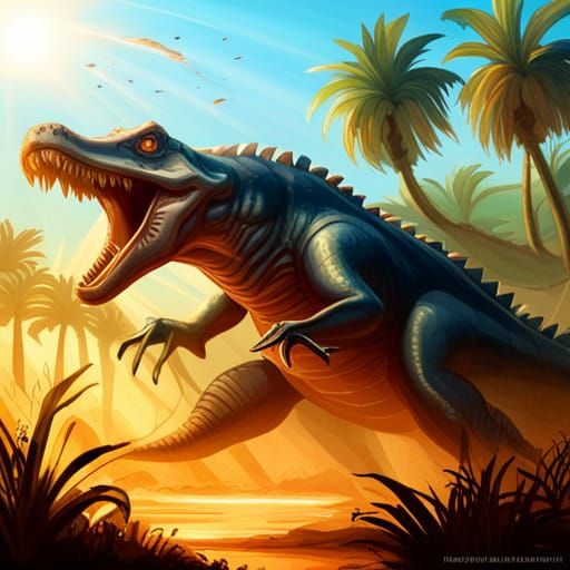 Spinosaur Portrait in Tropical Floodplain, Trending Art