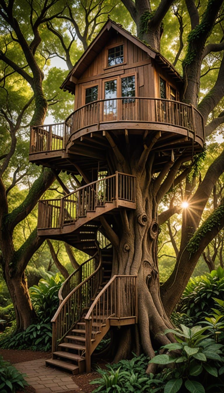 Treehouse with Spiral Staircase and Porch in Natural Lightin...