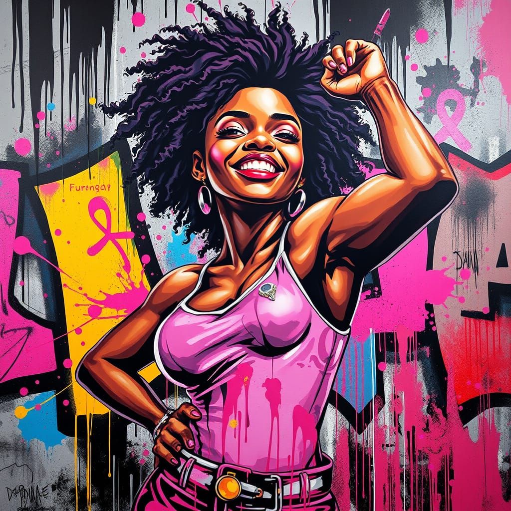 Triumphant African Woman in Vibrant Graffiti Art