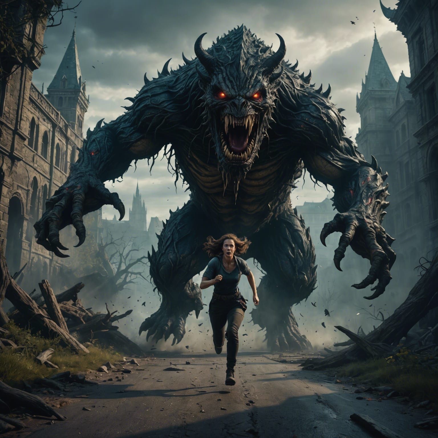 Frightened Woman Runs from Monster in Dark Fantasy
