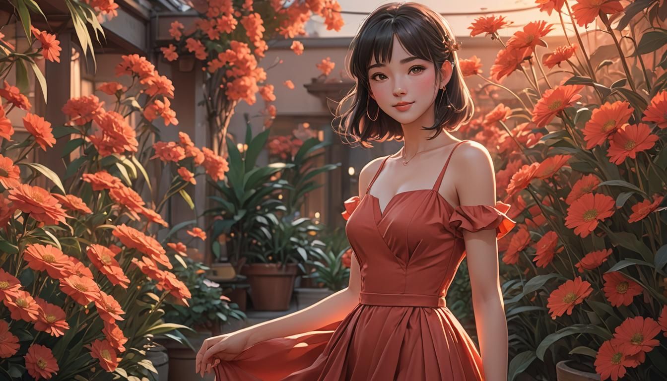 A Vibrant Ghibli-Inspired Young Woman Basks in Sunset Glory