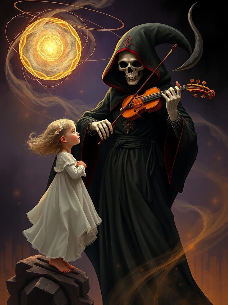 Grim Reaper Guides Soul as Art Nouveau Illustration