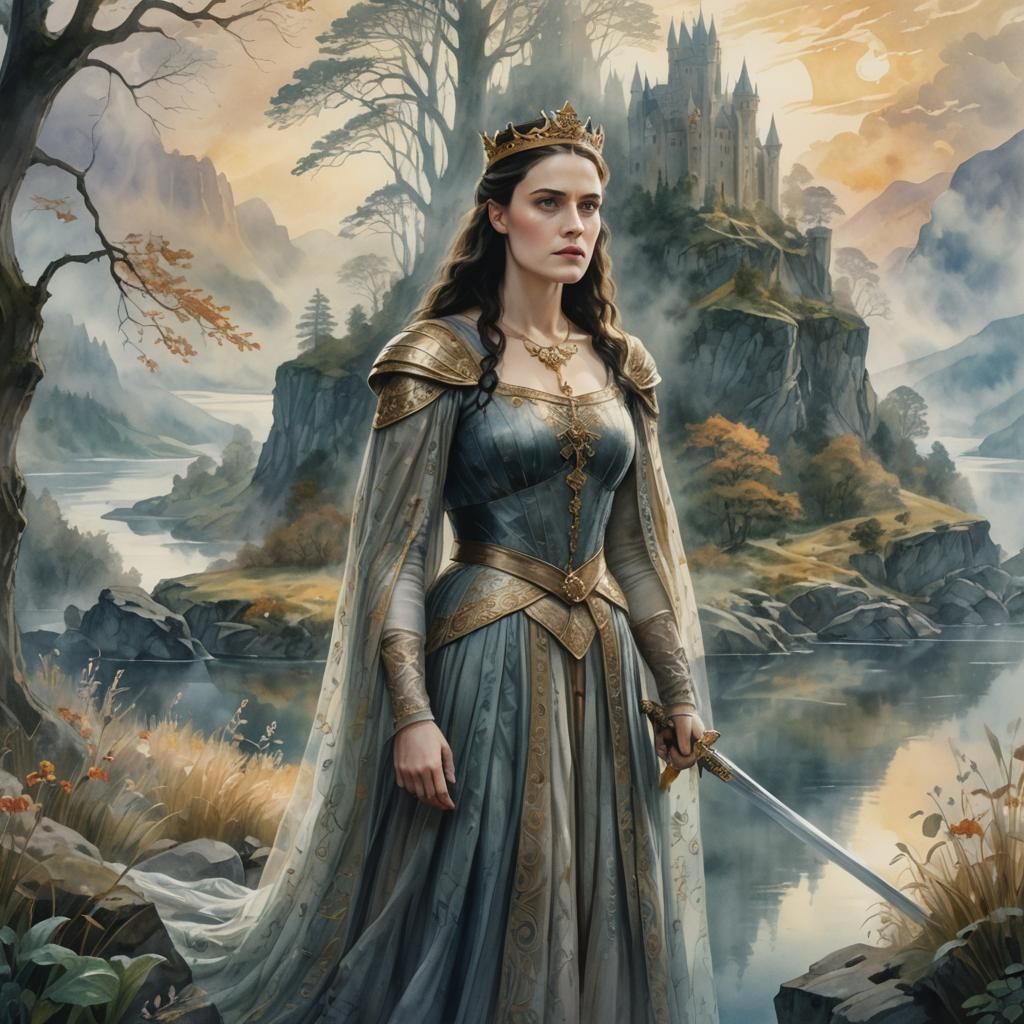 Queen and King Overlook Shimmering Lake, Watercolor Style