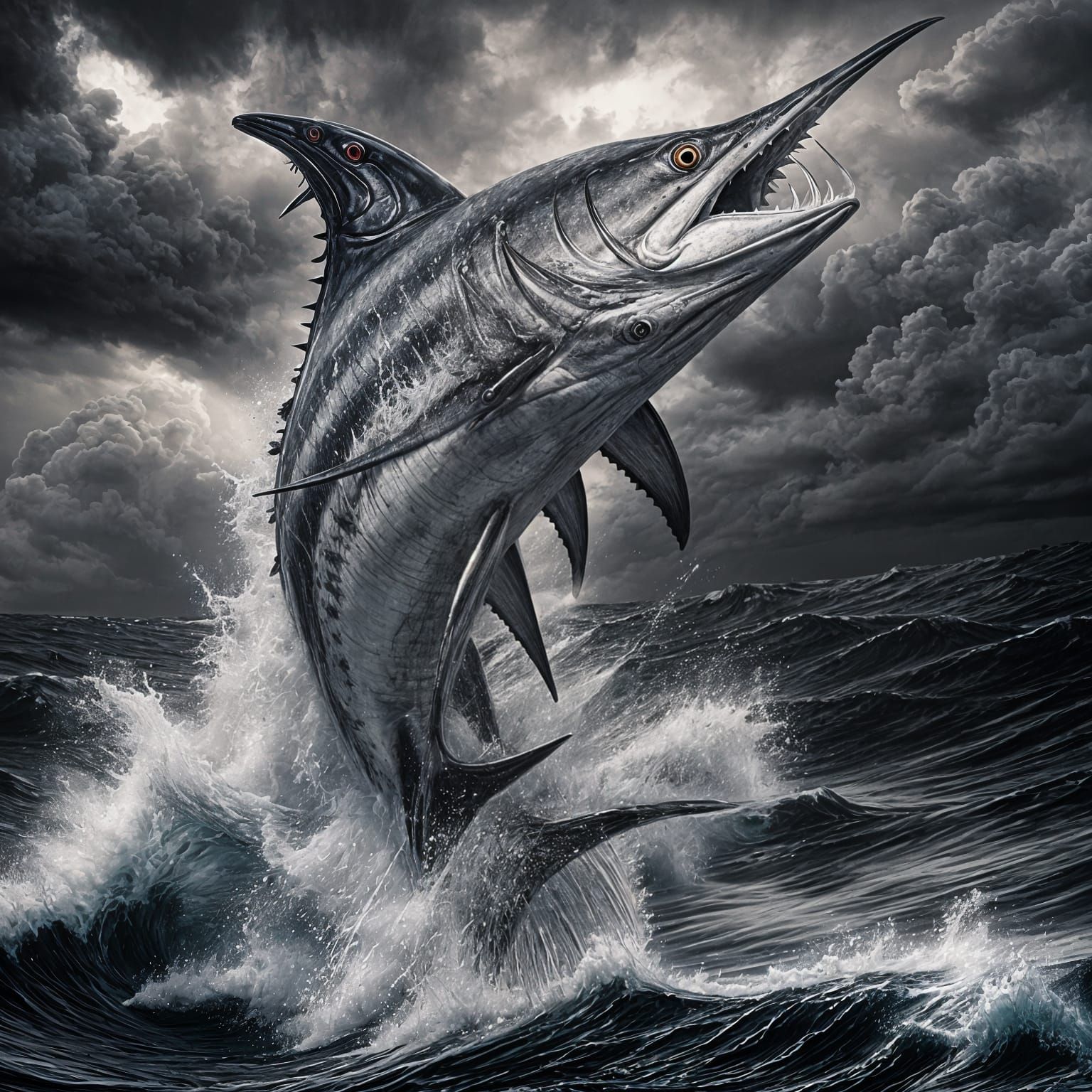 Black Marlin Leaps from Stormy Sea in Charcoal