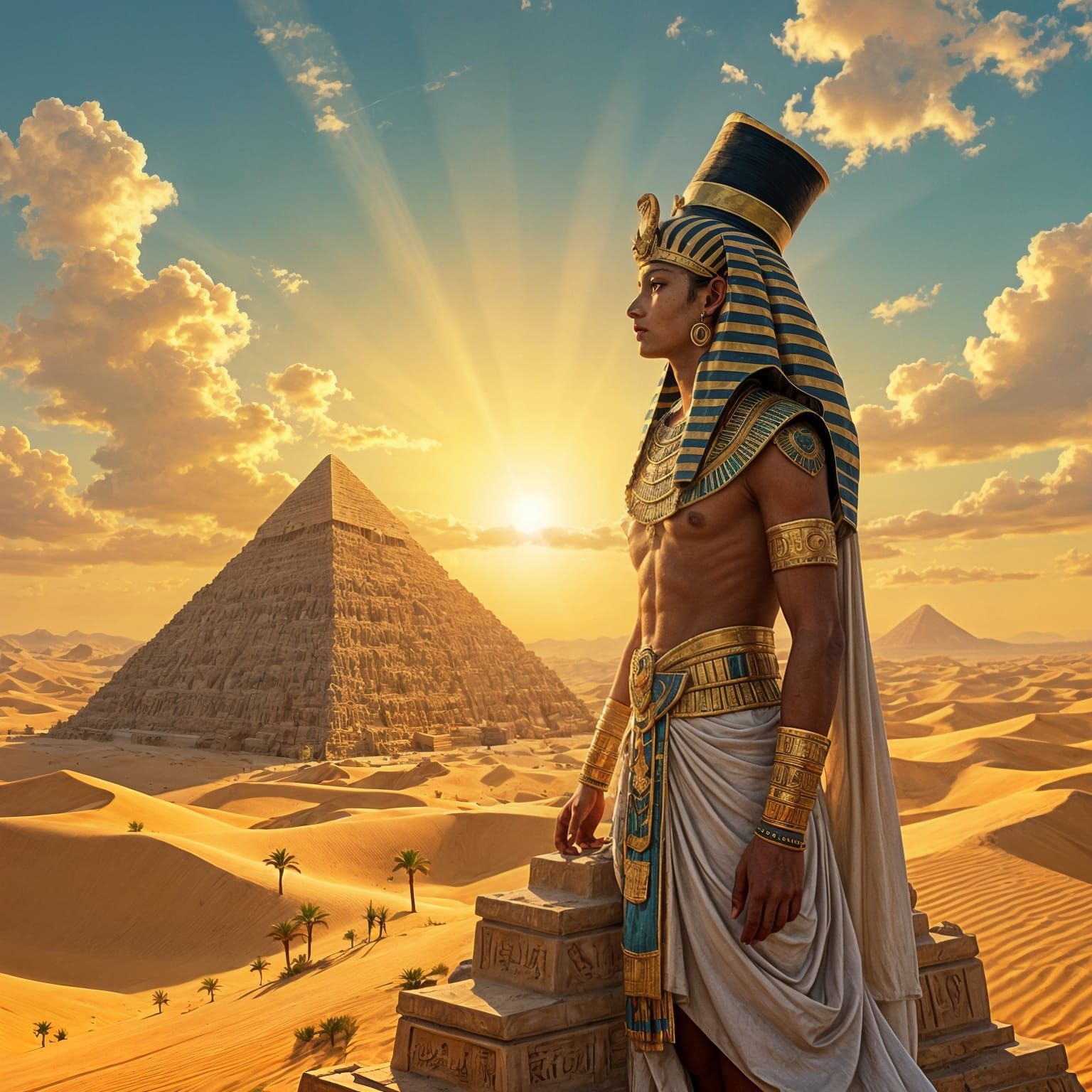 Egyptian Pharaoh on Pyramid in Ancient Art Style