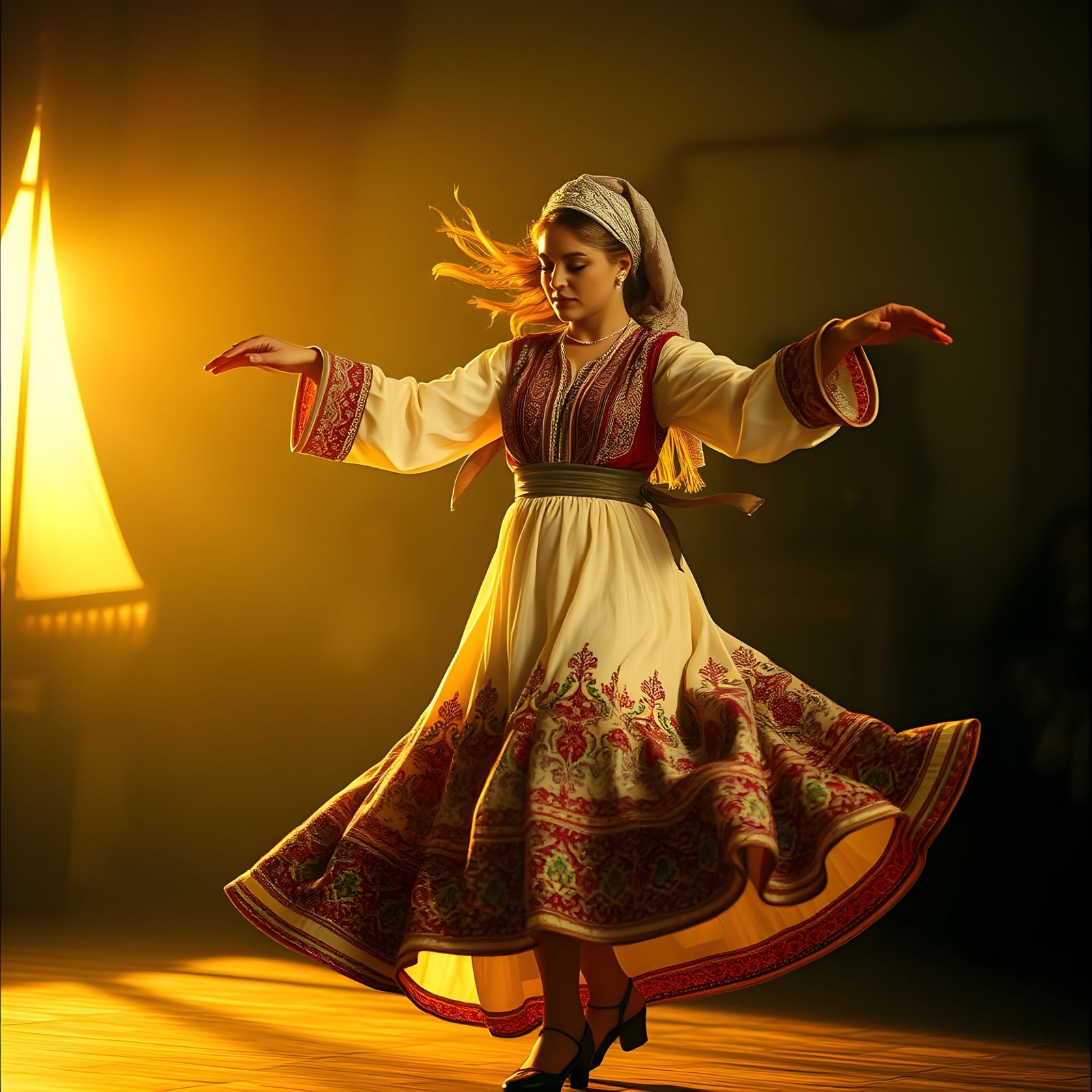 Woman Dancing in Traditional Russian Attire in Cinematic Fil...