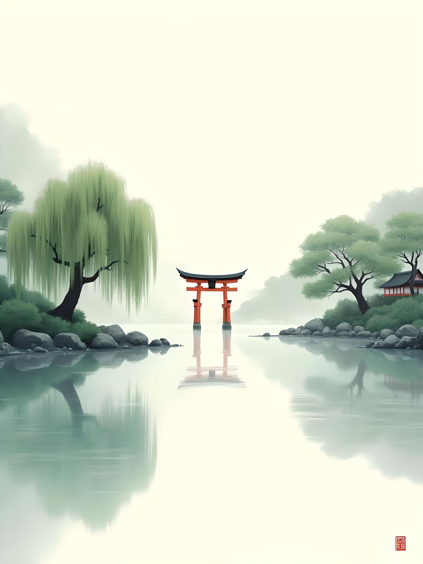 Japanese Lake with Torii in Watercolor