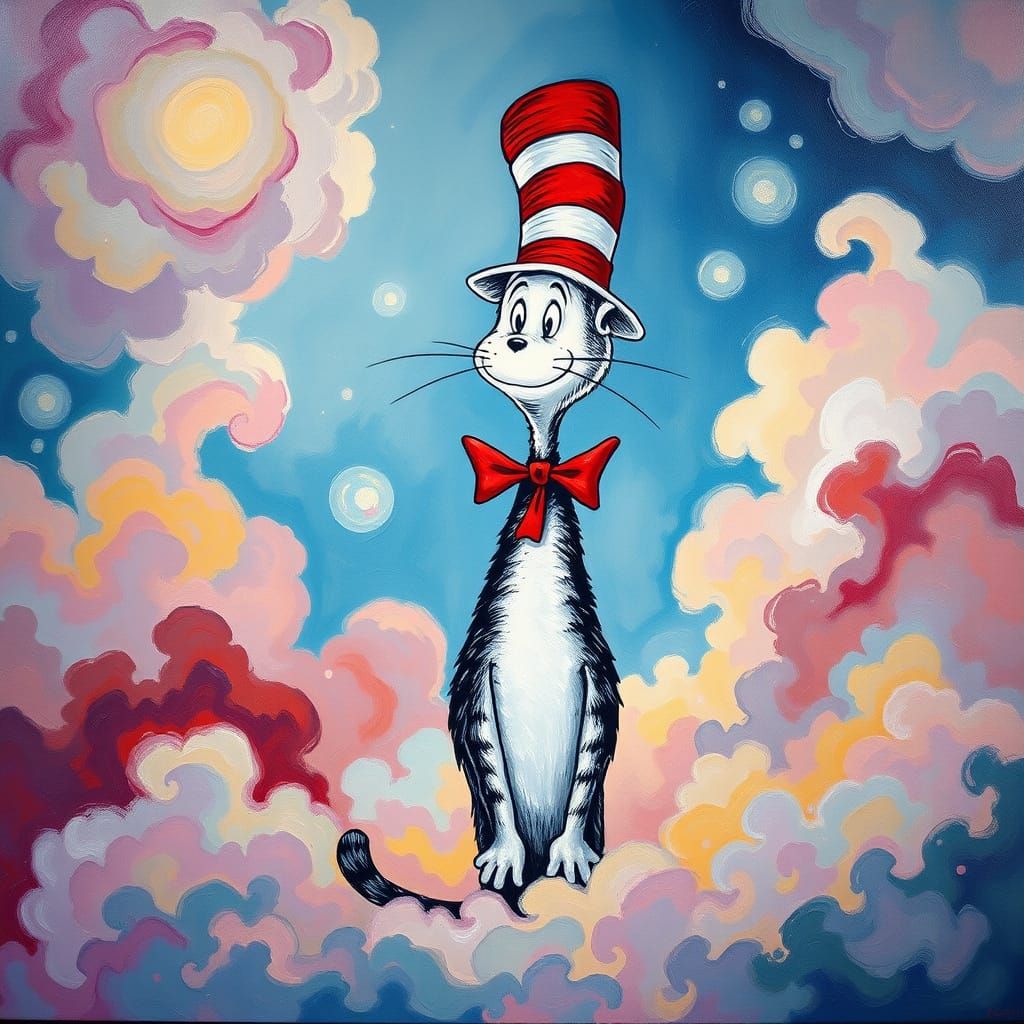 Whimsical Cat in the Hat in Impressionist Style