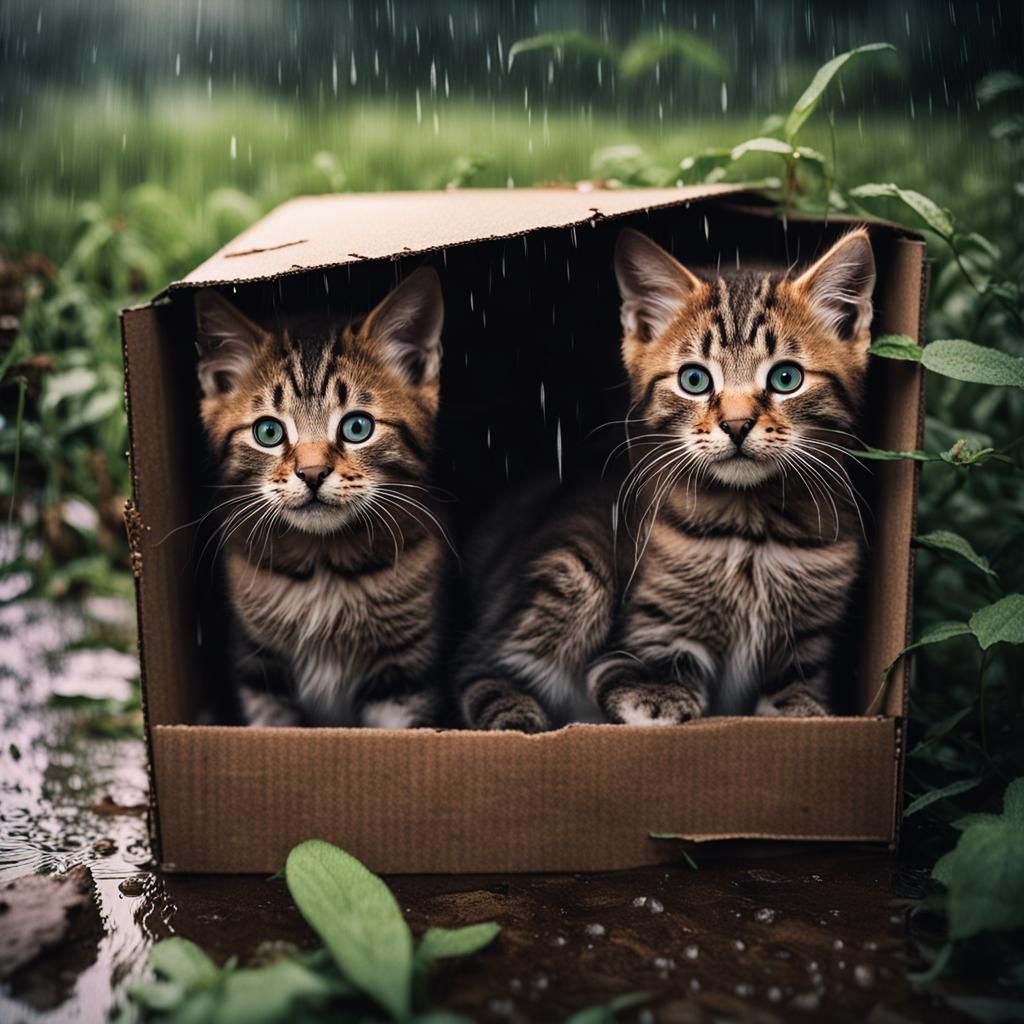 Sad Kittens Sheltering from Rain: Cinematic Still