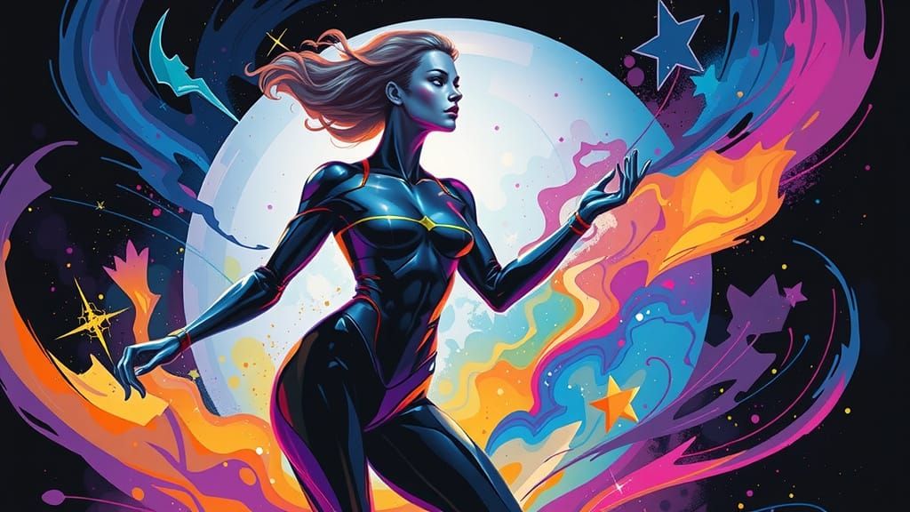 Woman in Metallic, Futuristic Pose with Kaleidoscopic Backgr...