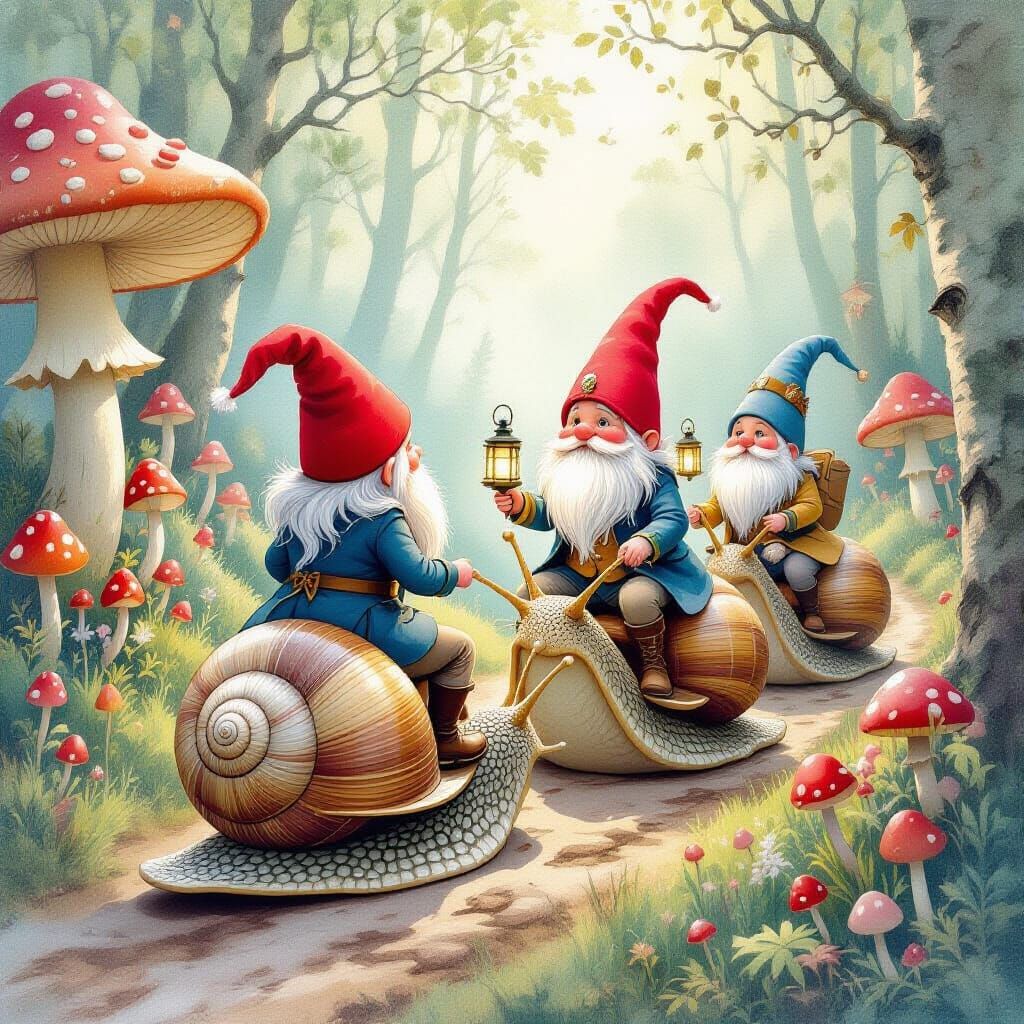 Gnomes Ride Snails Through Mushroom Forest in Watercolor Sty...