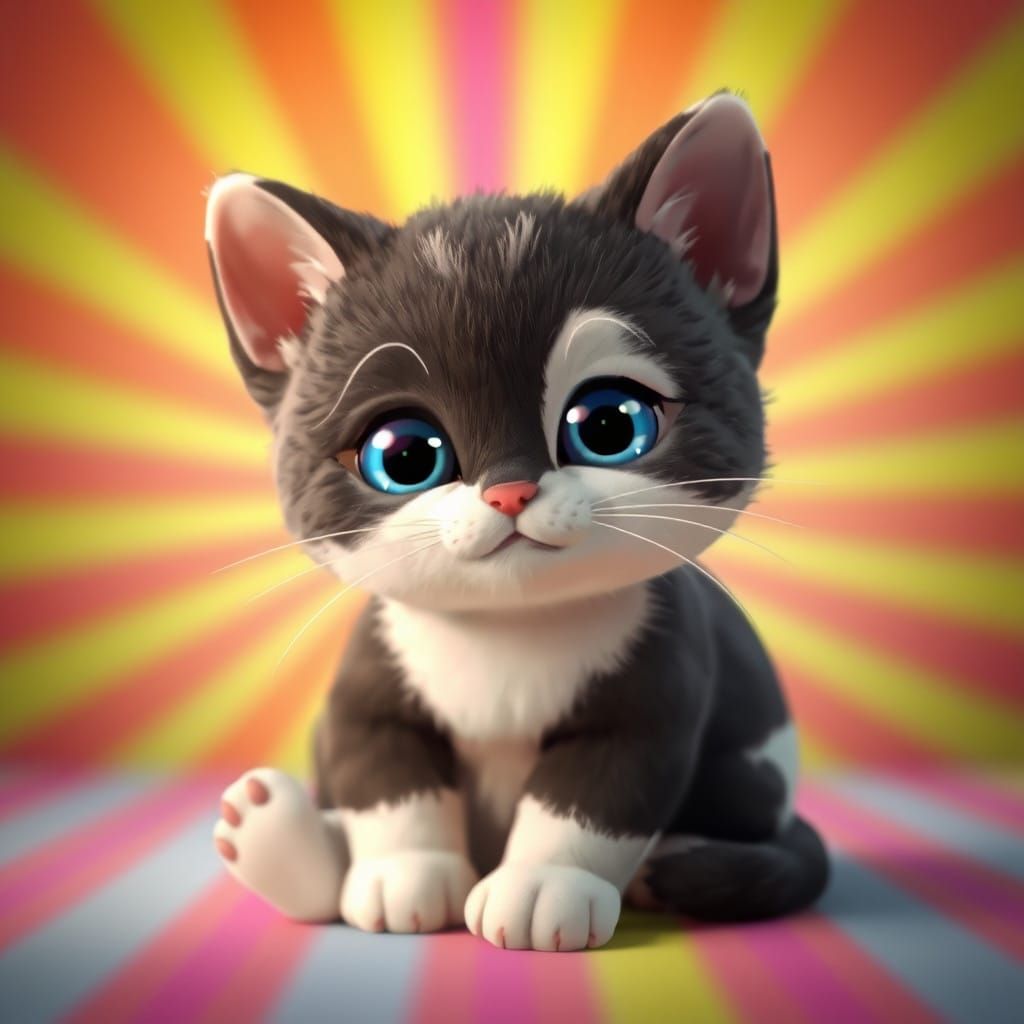 Cute Black and White Kitten in Vibrant Fantasy World