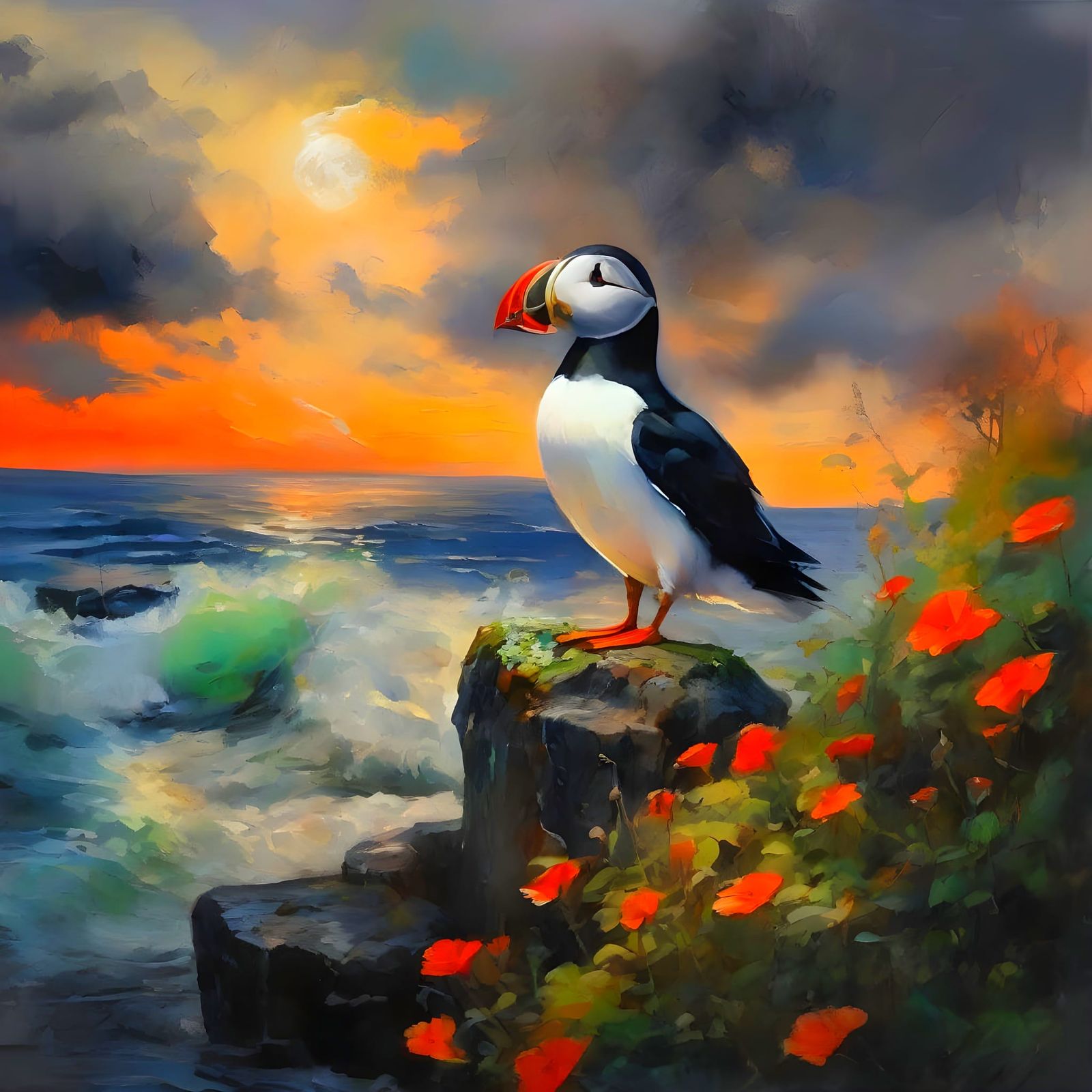 Puffin Portrait on Windswept Rock, Painterly Style