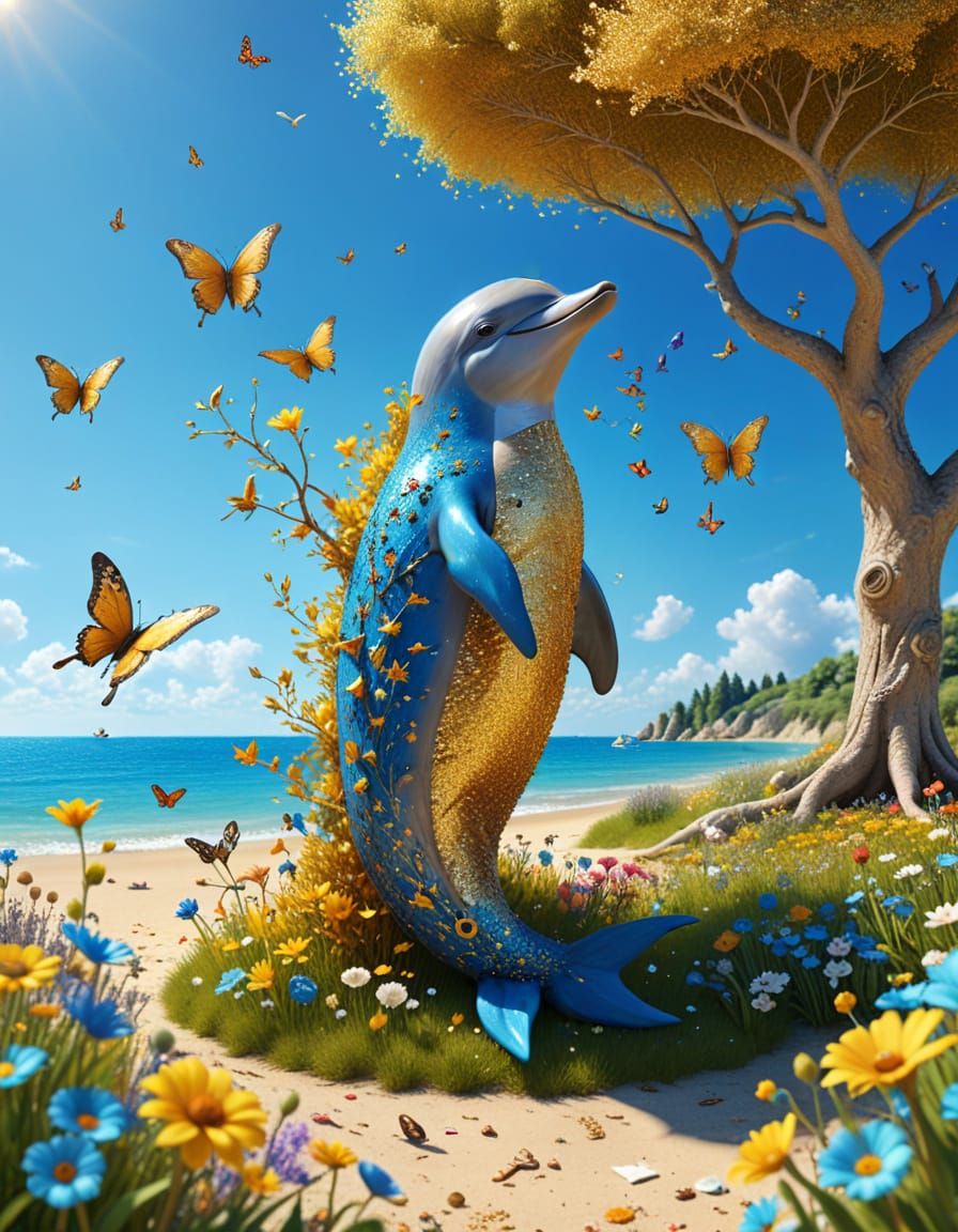 Dolphin Transforming into Tree with Butterflies