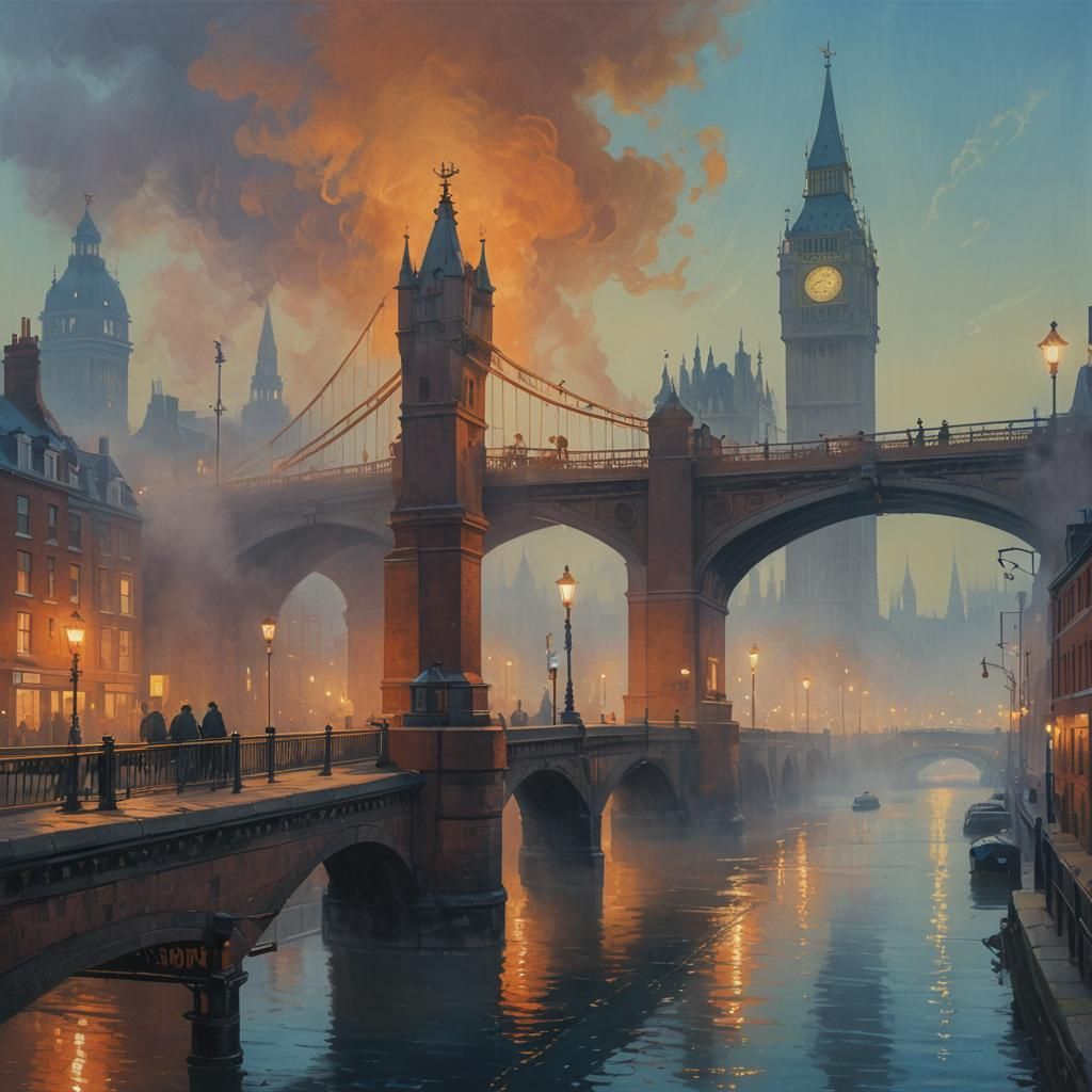 London Bridge in Autumn Fog: Oil Painting