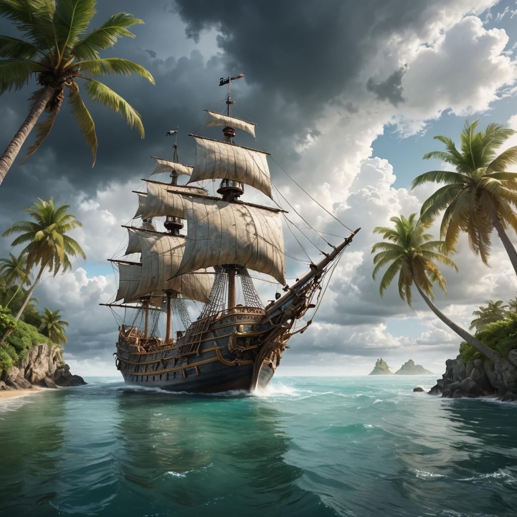 Pirate Ship Entering Exotic Island Bay: Photorealistic Paint...
