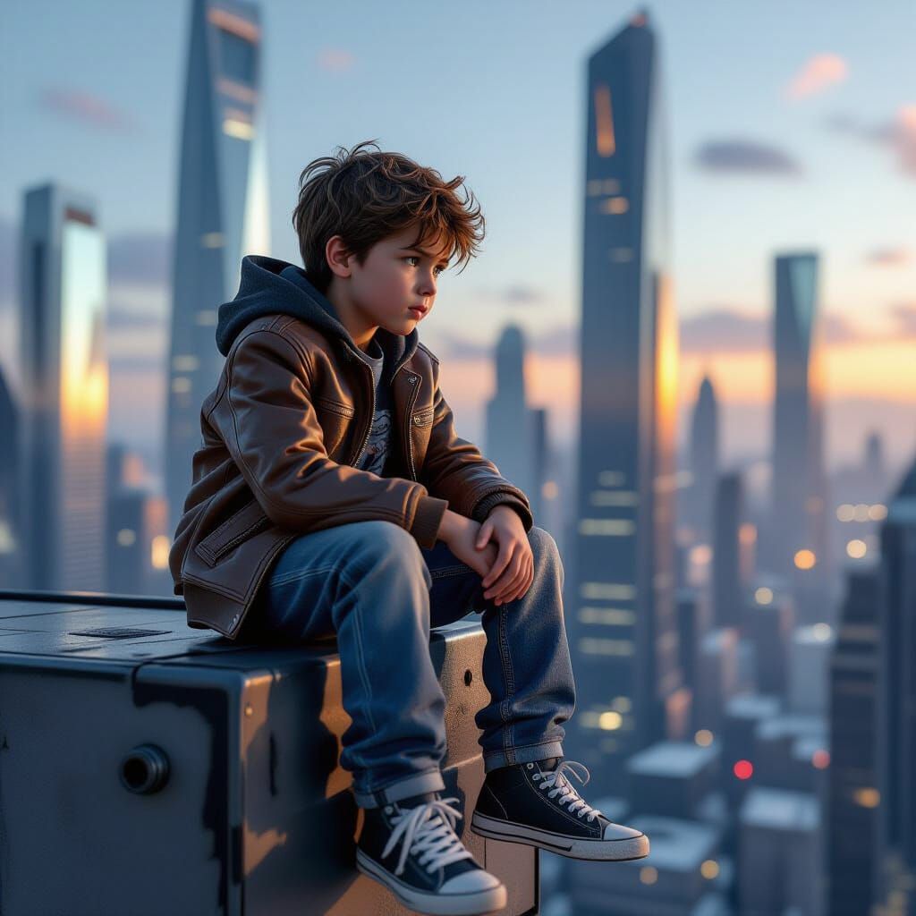 Boy on Tower Overlooking City in Cinematic 3D Style