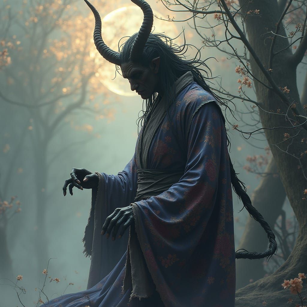 Mysterious Oni in Tattered Kimono, Dark Fantasy Haunt