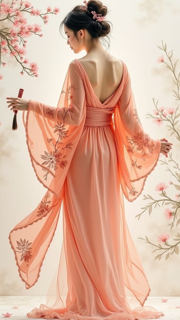 Elegant Woman in Silk Robe with Calligraphy Brush