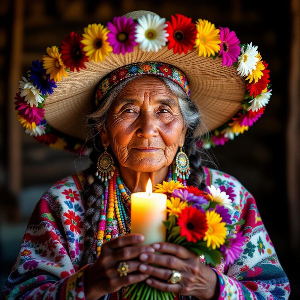 Radiant South American Woman with Candle and Flowers