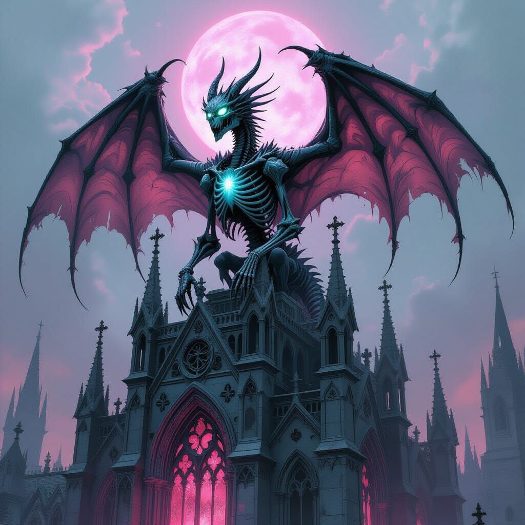Skeletal Dragon Perched on Gothic Cathedral