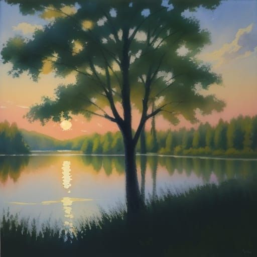 Impressionist Watercolor Trees by Lake