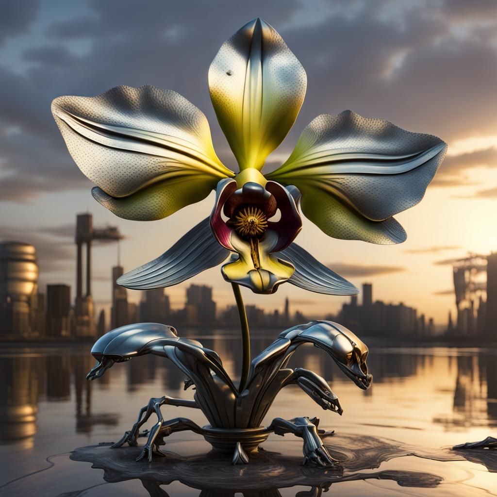 Galvanized Metal Orchid and Bee in Evening Light