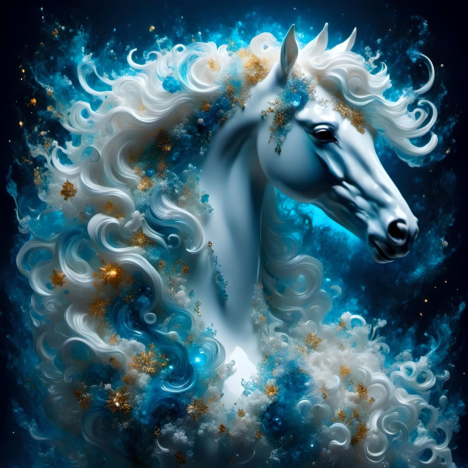 Dreamlike White Cloud Horse Under Starry Sky