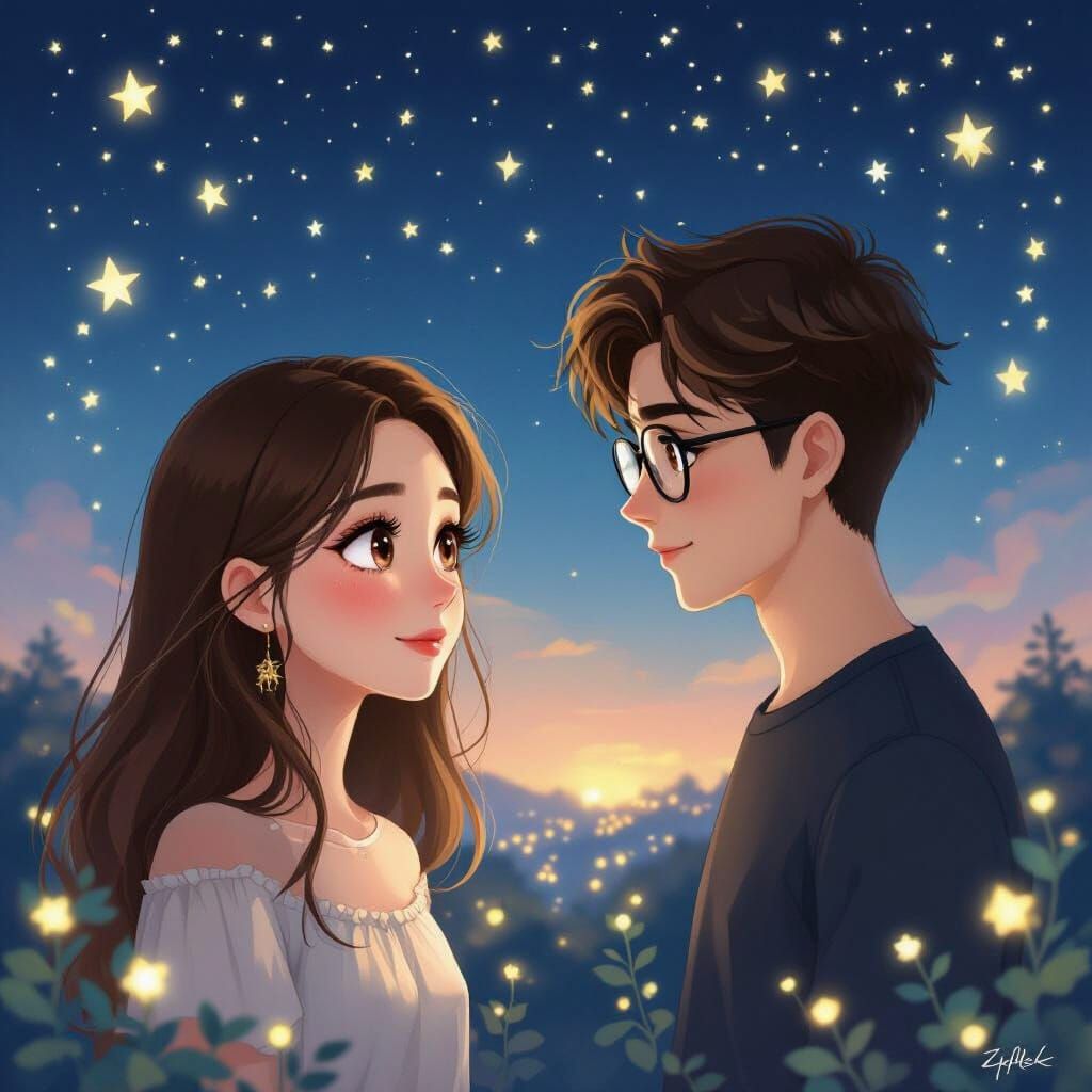 Magical Realism Painting of Distant Lovers Under Starlight