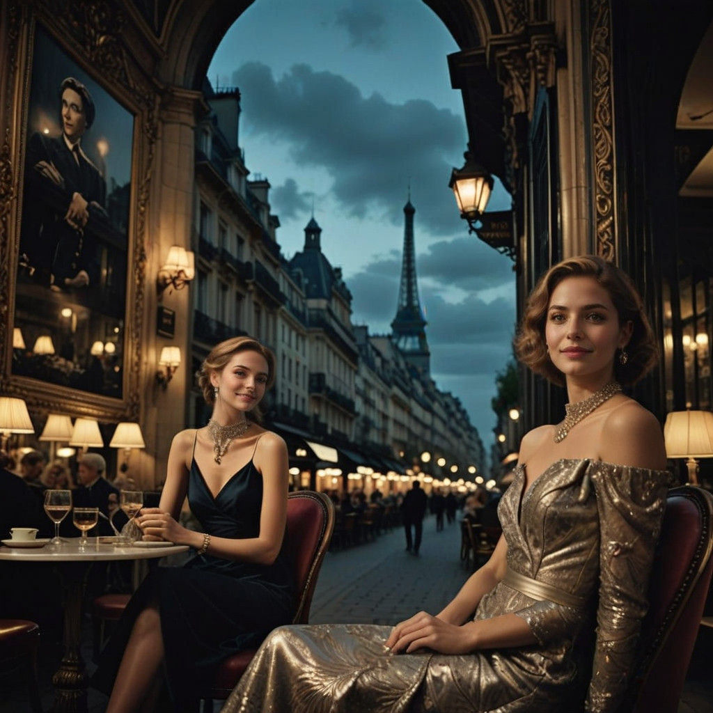 Portrait of a Stunning Woman in a Parisian Night Café