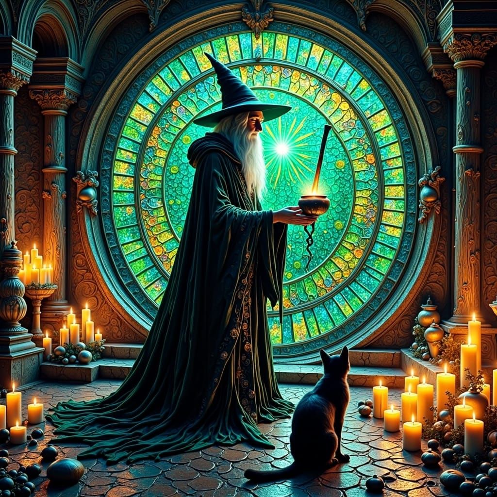 White Witch Brewing Potion in a Haunted Castle