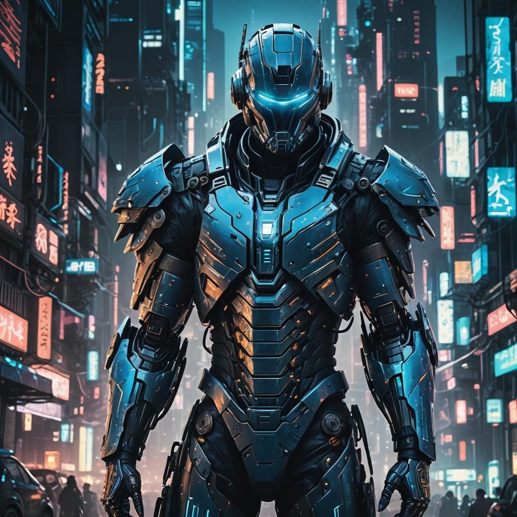 Cyberpunk Armored Figure in Neon Metropolis