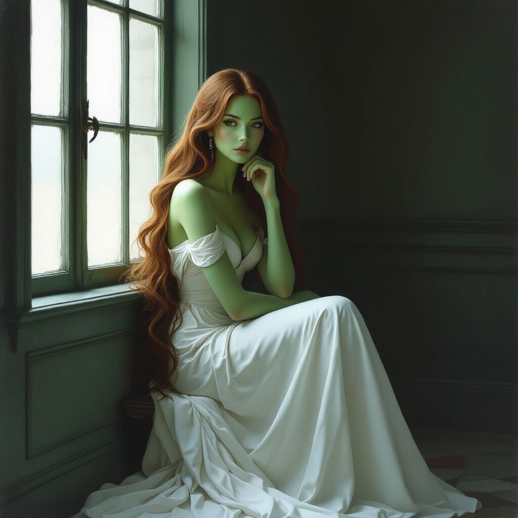 Melancholic Woman in White Gown at Window