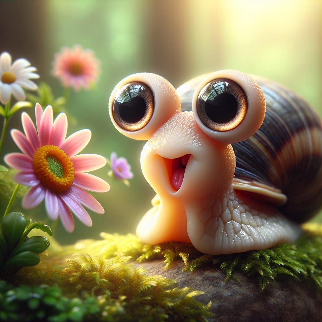 Adorable Snail with Luminous Eyes on Mossy Stone