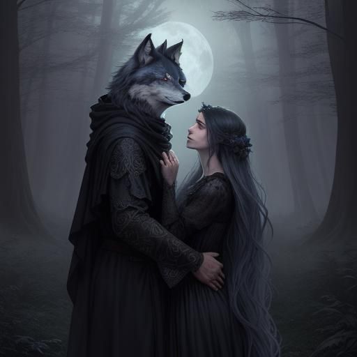 Mystical Wolf and Girl in Moonlit Forest, Dark Fantasy