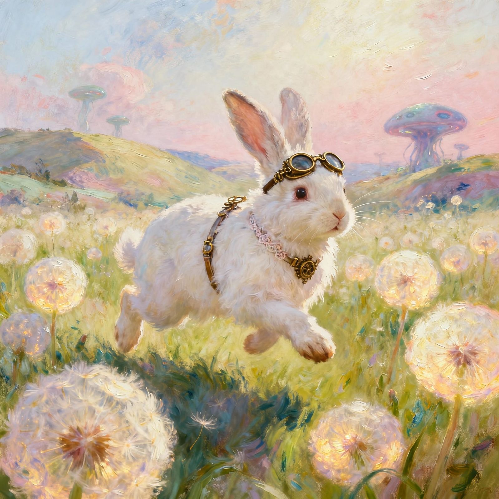 Steampunk Rabbit in Glowing Dandelion Field