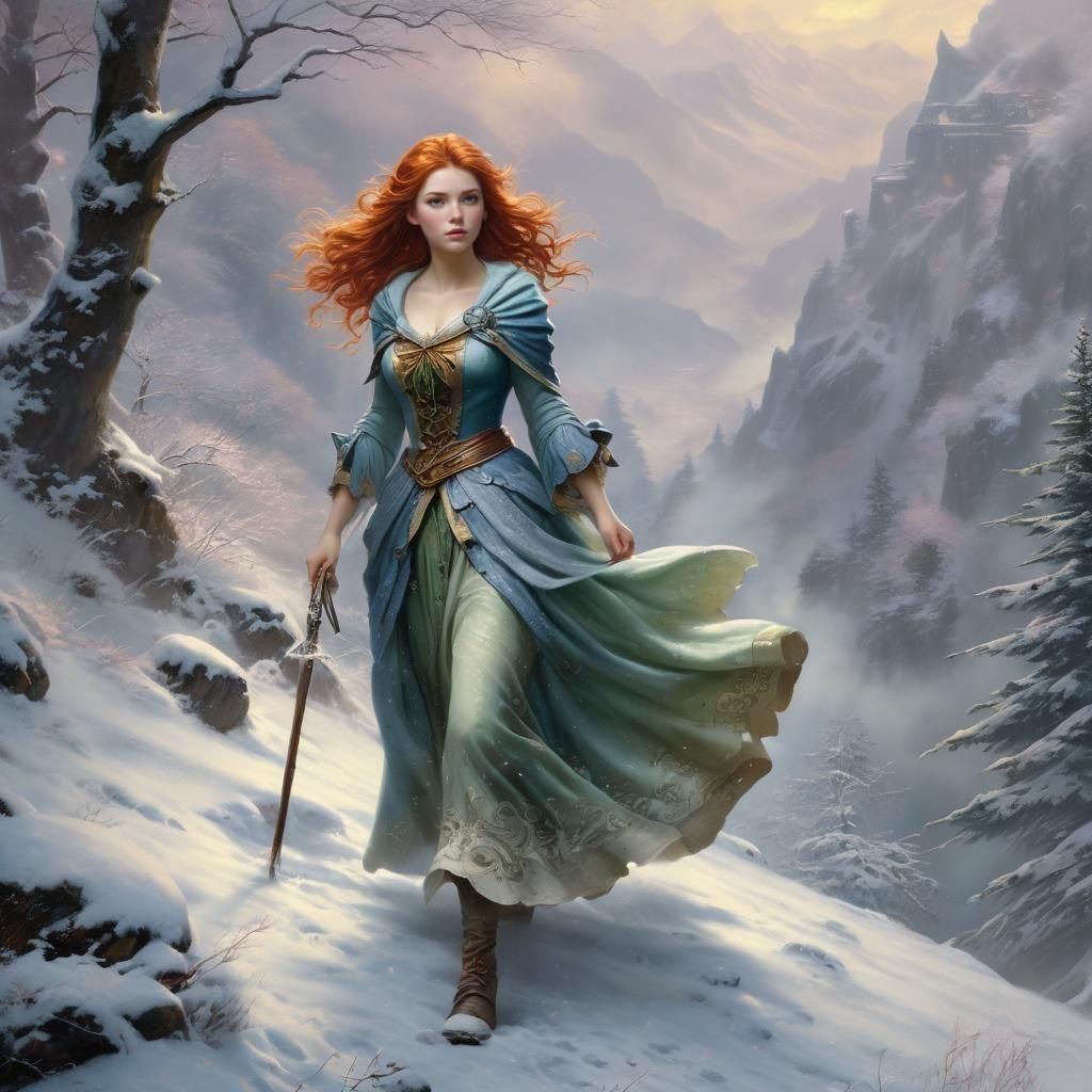 Jeune femme rousse guerriere marchant dans la neige dans une...
