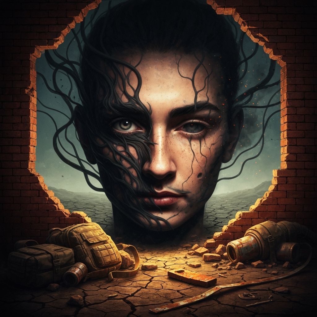 Surreal Face in Ruins with Ink Tendrils