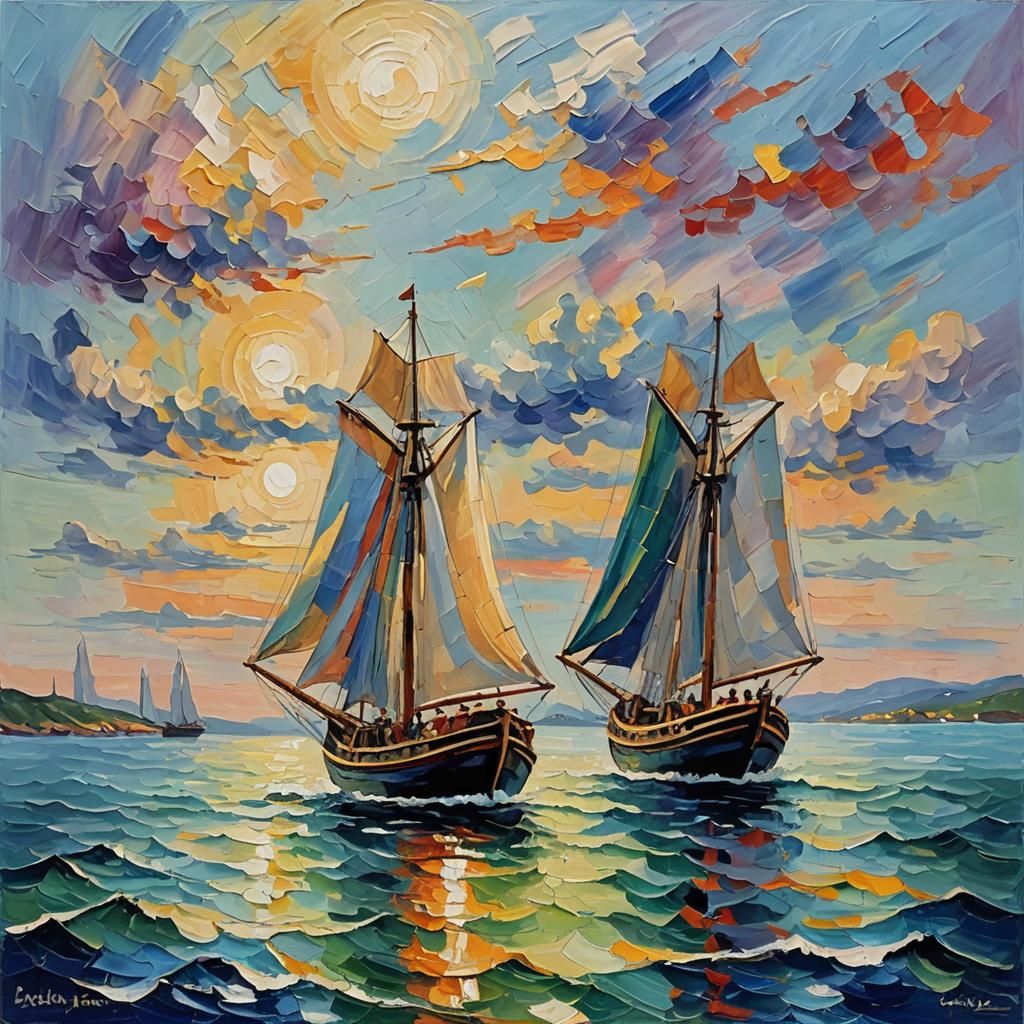 Two Ships Sailing: Neo-Impressionist Expressionist Painting