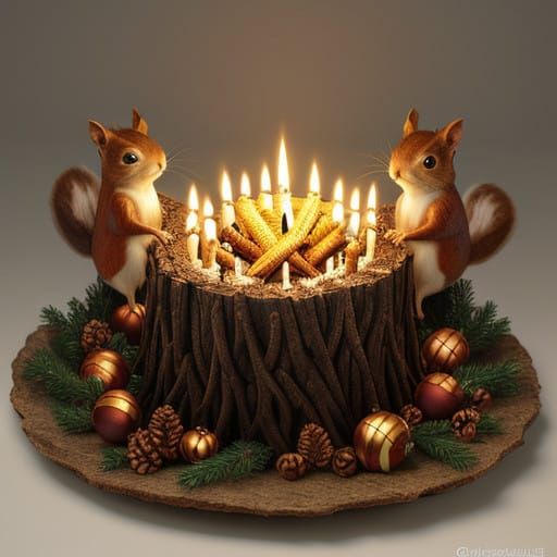 Squirrels by Yule Log in Vibrant Mixed Media Art