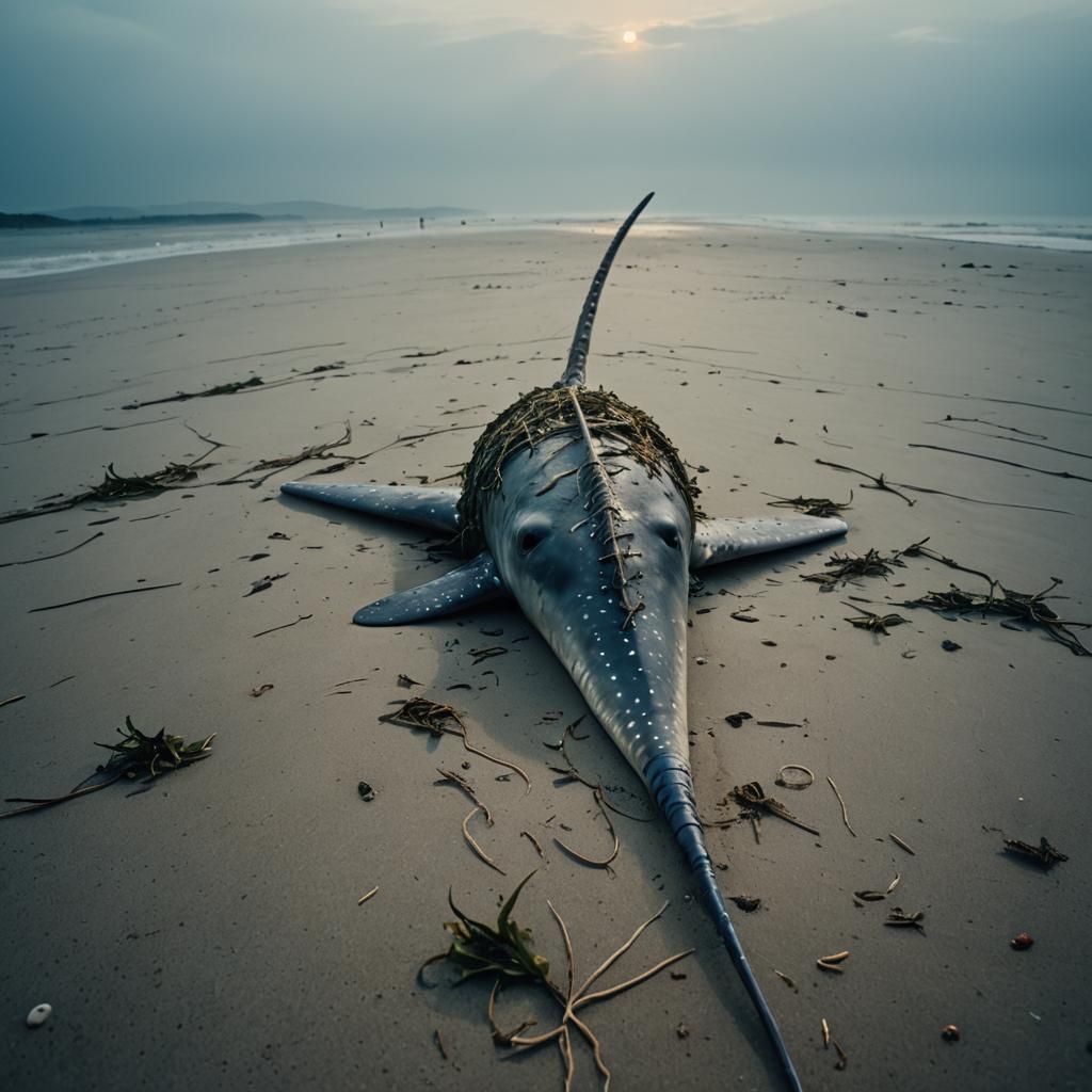 Dramatic Close-Up of Beached Narwhal in Golden Light