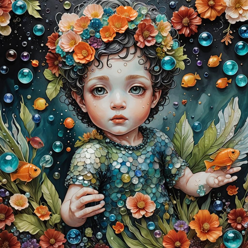 Surreal Cherub Portrait with Tropical Fish, Alcohol Ink Art