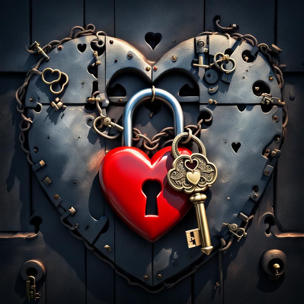 Locked Red Heart with Key in Hyperrealistic Style