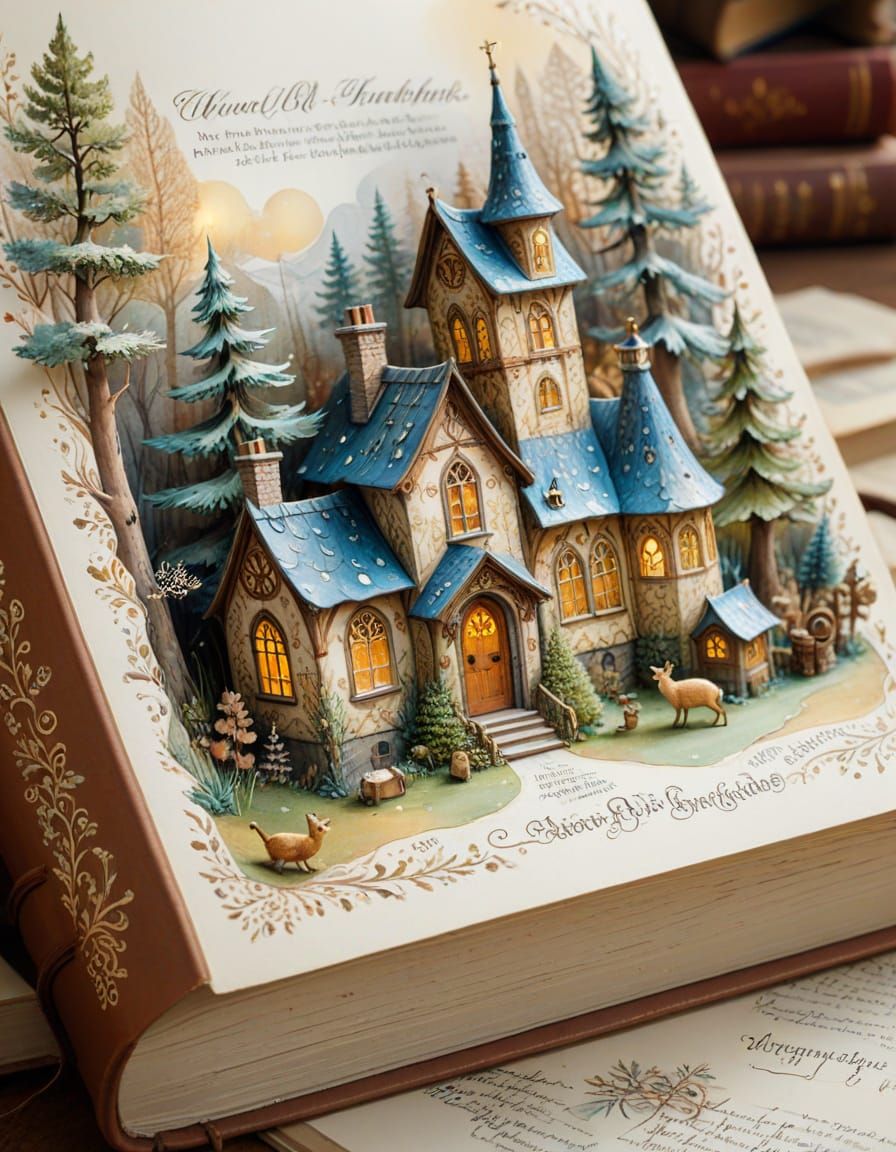 Enchanted Book Village: Whimsical Watercolor Illustration