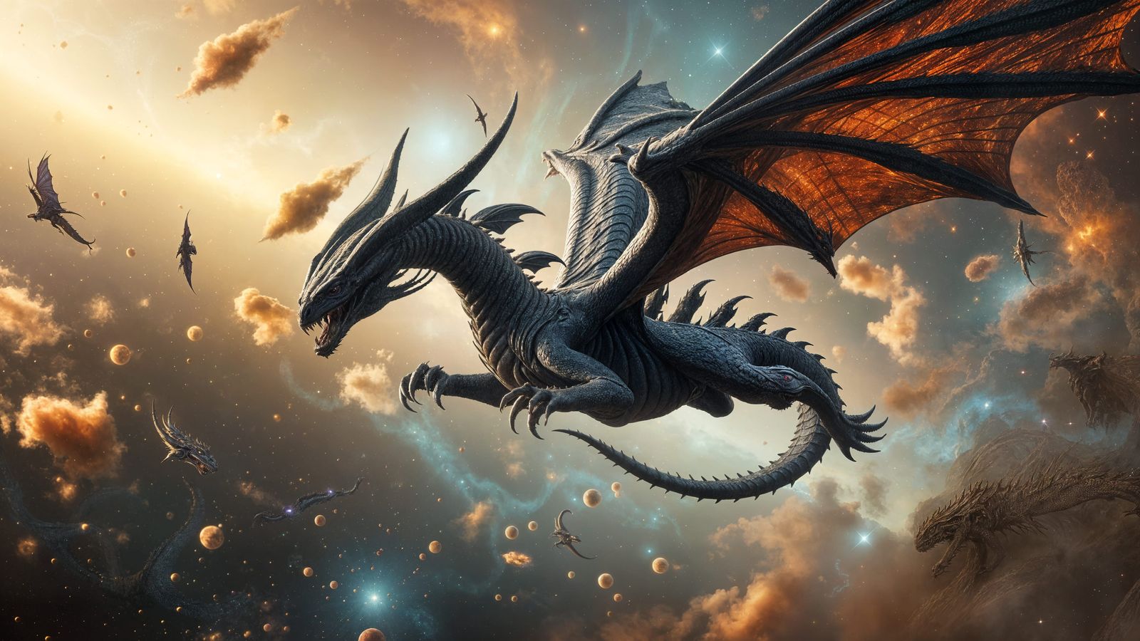 Cybernetic Dragon soars through a Dark Fantasy Nebula